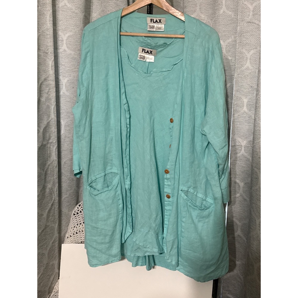 FLAX Linen 3 Piece Set Turquoise Jacket Tank Maxi Skirt Large Aqua Blue L
